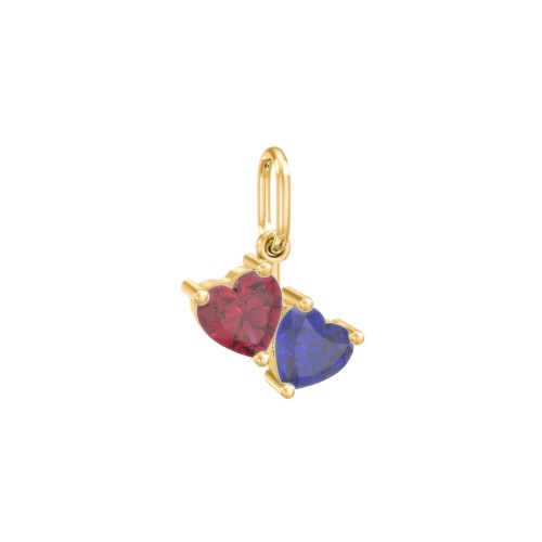 Double Heart Gemstone Charm – 10K Yellow Gold with Ruby and Blue Sapphire