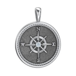 Men's Engravable Compass Pendant with Gemstone in 925 Sterling Silver with Aquamarine