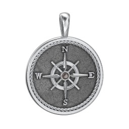 Men's Engravable Compass Pendant with Gemstone in 925 Sterling Silver with Smokey Quartz