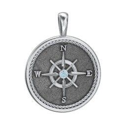 Men's Engravable Compass Pendant with Gemstone in 925 Sterling Silver with Blue Topaz