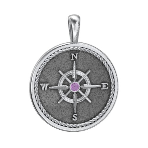 Men's Engravable Compass Pendant with Gemstone – Sterling Silver with Amethyst