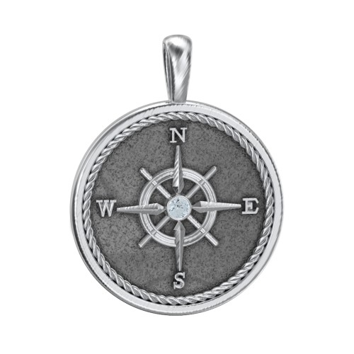 Men's Engravable Compass Pendant with Gemstone – Sterling Silver with Aquamarine