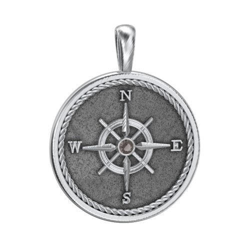 Men's Engravable Compass Pendant with Gemstone – Sterling Silver with Smokey Quartz