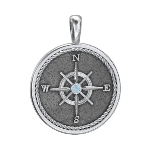 Men's Engravable Compass Pendant with Gemstone – Sterling Silver with Blue Topaz