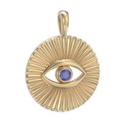 Men's Evil Eye Disc Pendant with Gemstone in 18K Gold Plated Silver with Blue Sapphire