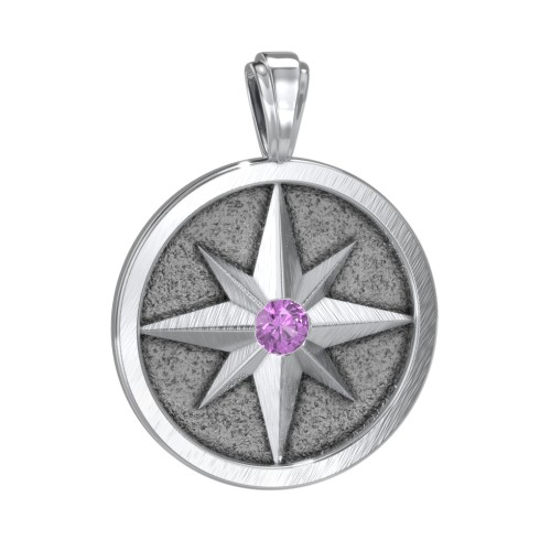 Men's Engravable North Star Disc Pendant with Gemstone – Sterling Silver with Amethyst
