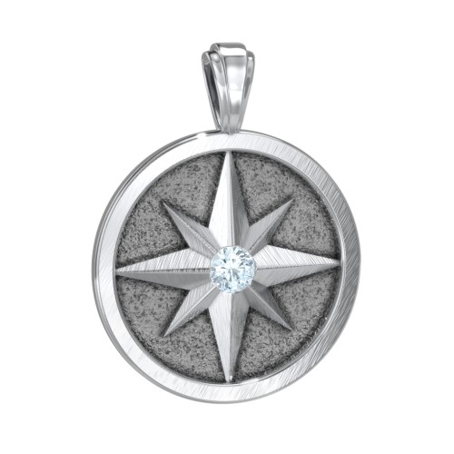 Men's Engravable North Star Disc Pendant with Gemstone – Sterling Silver with Aquamarine