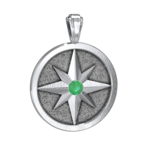 Men's Engravable North Star Disc Pendant with Gemstone – Sterling Silver with Emerald