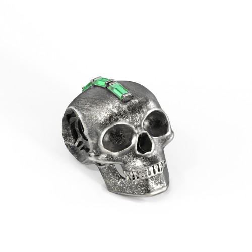 Men's Skull Pendant with Baguette Gemstone Mohawk – Sterling Silver with Emerald
