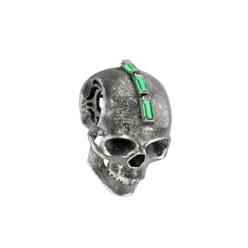 Men's Skull Pendant with Baguette Gemstone Mohawk – Sterling Silver with Emerald
