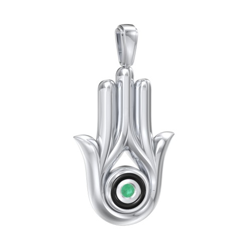 Men's Hamsa Pendant with Gemstone & Cold Enamel – Sterling Silver with Emerald