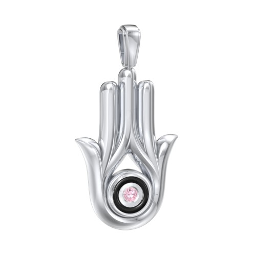 Men's Hamsa Pendant with Gemstone & Cold Enamel – Sterling Silver with Pink Tourmaline