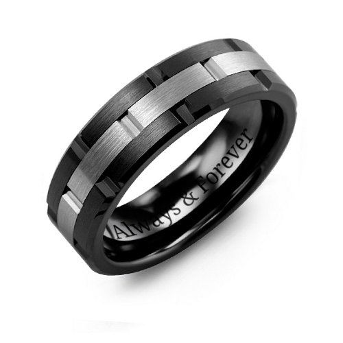 Men's Grooved Brushed Ceramic Ring with Tungsten Inlay