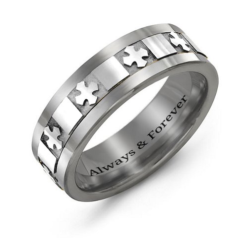 Men's Polished Crosses Tungsten Ring – Tungsten & Sterling Silver