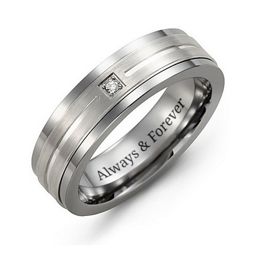 Men's Gemstone Ring with Grooved Inlay in Tungsten with Cubic Zirconia
