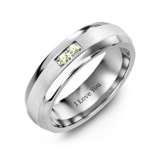 Men's Gemstone Dome Ring with Brushed Inlay – Tungsten with Peridot