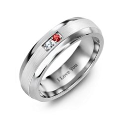 Men's Gemstone Dome Ring with Brushed Inlay – Tungsten with Aquamarine
