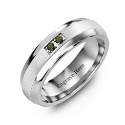 Men's Gemstone Dome Ring with Brushed Inlay in Tungsten with Alexandrite