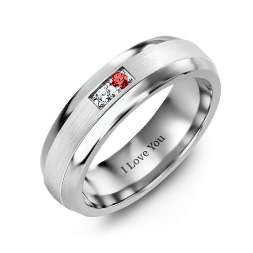 Men's Gemstone Dome Ring with Brushed Inlay – Tungsten with Cubic Zirconia and Garnet