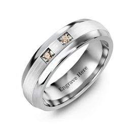 Men's Two Stone Dome Ring with Brushed Inlay in Tungsten with Opal