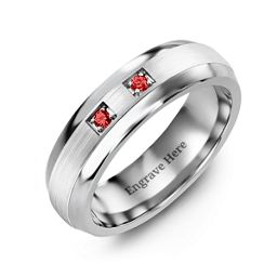 Men's Two Stone Dome Ring with Brushed Inlay in Tungsten with Garnet