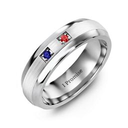 Men's Two Stone Dome Ring with Brushed Inlay in Tungsten with Blue Sapphire and Garnet