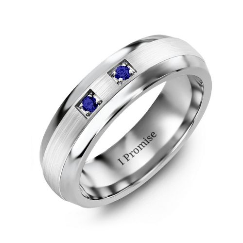 Men's Two Stone Dome Ring with Brushed Inlay – Tungsten with Blue Sapphire