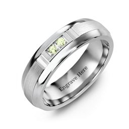 Men's Two Stone Ring with Brushed & Grooved Inlay in Tungsten with Peridot