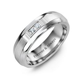 Men's Two Stone Ring with Brushed & Grooved Inlay in Tungsten with Cubic Zirconia