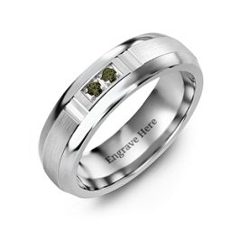 Men's Two Stone Ring with Brushed & Grooved Inlay in Tungsten with Alexandrite