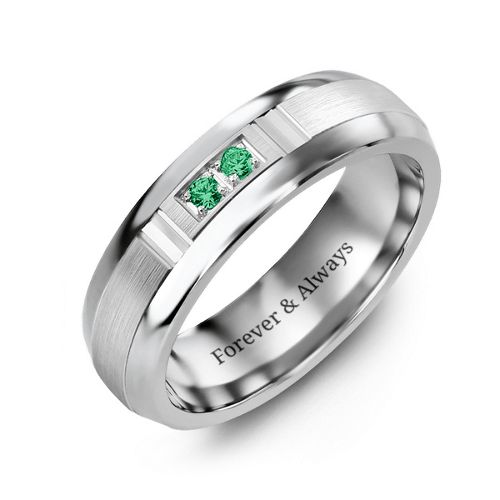 Men's Two Stone Ring with Brushed & Grooved Inlay – Tungsten with Emerald