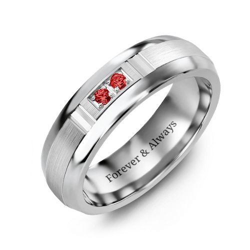 Men's Two Stone Ring with Brushed & Grooved Inlay – Tungsten with Garnet