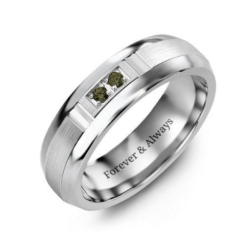 Men's Two Stone Ring with Brushed & Grooved Inlay – Tungsten with Alexandrite