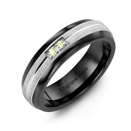 Men's Two Gemstone Ring with Banded Textured Inlay in Ceramic with Peridot