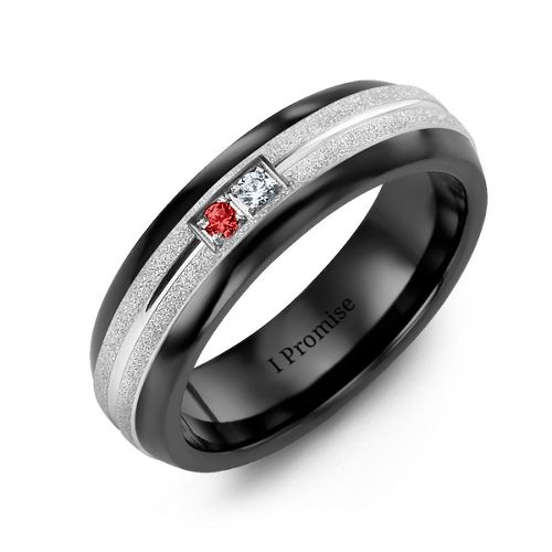 Men's Two Gemstone Ring with Banded Textured Inlay – Ceramic with Garnet and Cubic Zirconia