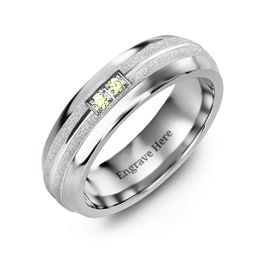 Men's Two Gemstone Ring with Banded Textured Inlay in Tungsten with Peridot