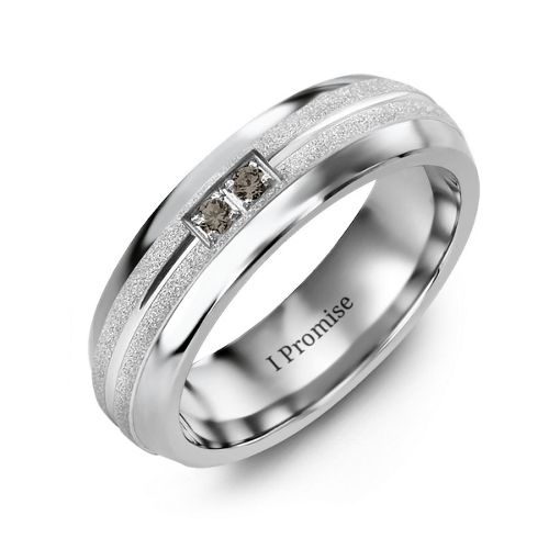 Men's Two Gemstone Ring with Banded Textured Inlay – Tungsten with Smokey Quartz