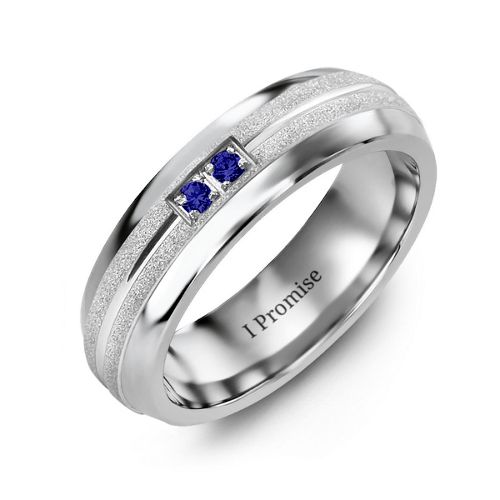 Men's Two Gemstone Ring with Banded Textured Inlay – Tungsten with Blue Sapphire