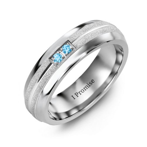 Men's Two Gemstone Ring with Banded Textured Inlay – Tungsten with Blue Topaz