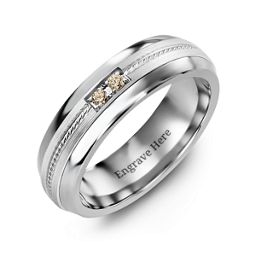 Men's Two Stone Ring with Rope Detail Inlay in Tungsten with Opal