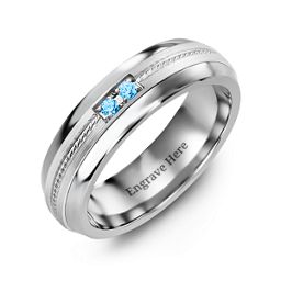 Men's Two Stone Ring with Rope Detail Inlay in Tungsten with Blue Topaz