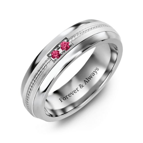 Men's Two Stone Ring with Rope Detail Inlay – Tungsten with Ruby