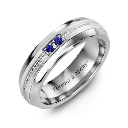 Men's Two Stone Ring with Rope Detail Inlay – Tungsten with Blue Sapphire