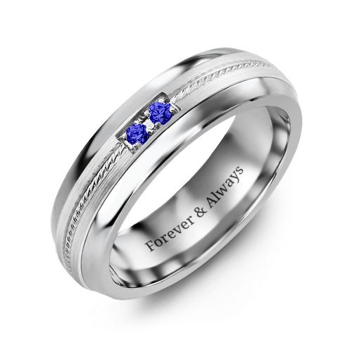 Men's Two Stone Ring with Rope Detail Inlay – Tungsten with Blue Sapphire