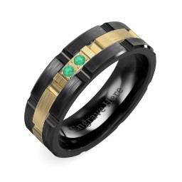 Men's Two Stone Grooved and Brushed Ring in Ceramic with Emerald