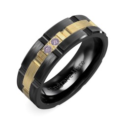 Men's Two Stone Grooved and Brushed Ring in Ceramic with Alexandrite