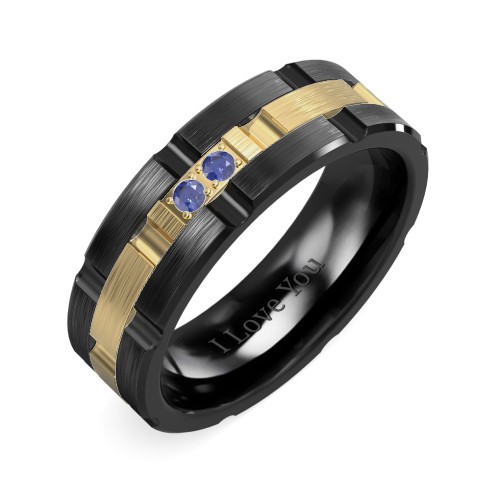 Men's Two Stone Grooved and Brushed Ring – Ceramic with Blue Sapphire
