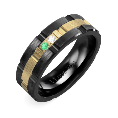 Men's Two Stone Grooved and Brushed Ring – Ceramic with Emerald and Cubic Zirconia