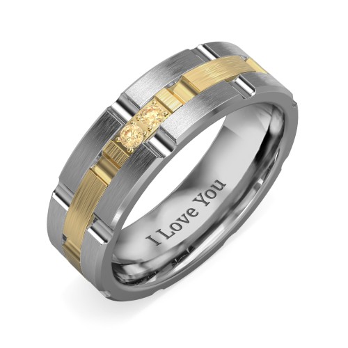 Men's Two Stone Grooved and Brushed Ring – Tungsten with Citrine