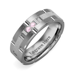 Men's Two Stone Grooved and Brushed Ring with Textured Inlay
